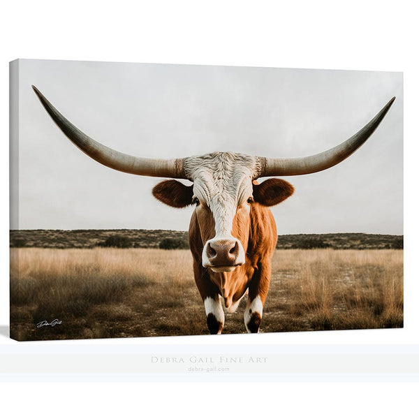 Debra Gail Fine Art Canvas Wrap / 10x8 Texas Longhorn in Neutral Tones - Rustic Farmhouse Decor