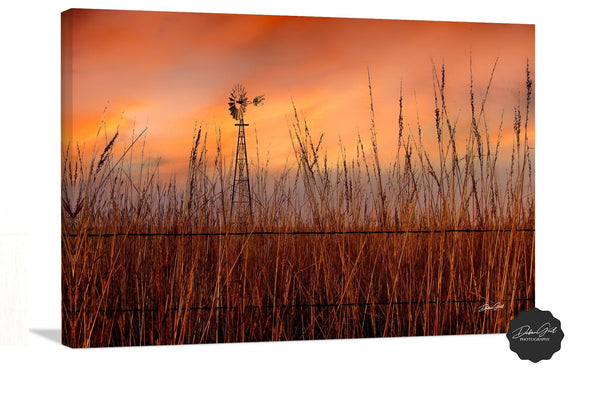 Debra Gail Fine Art Canvas Wrap / 10x8 Windmill in the Tallgrass Prairie Sunset | Serene Kansas Landscape Art