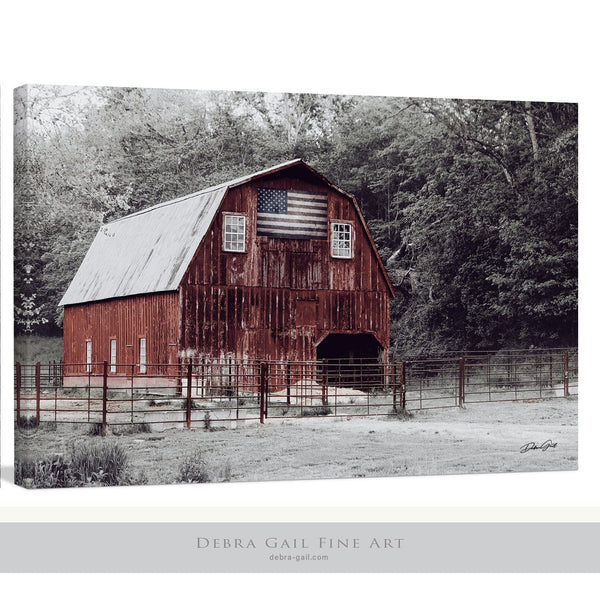 Debra Gail Fine Art Canvas Wrap / 10x8 WINTER RED BARN LANDSCAPE WITH AMERICAN FLAG