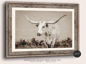 Texas Longhorn wall canvas barnwood framed Western fine art print by Debra Gail Fine Art