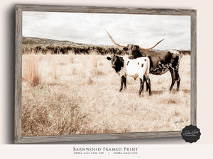 Texas Longhorn wall canvas barnwood framed Western fine art print by Debra Gail Fine Art