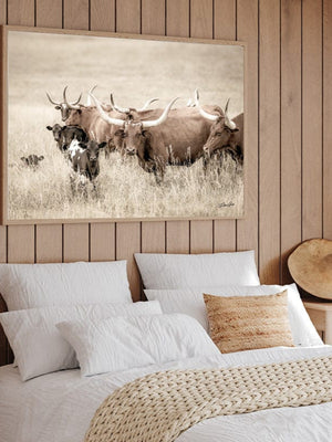 Longhorn cow wall decor canvas – rustic Western fine art print by Debra Gail Fine Art