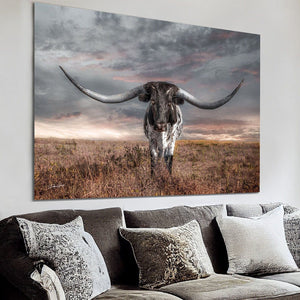 Texas Longhorn wall canvas barnwood framed Western fine art print by Debra Gail Fine Art