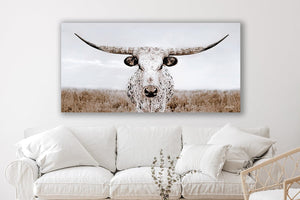 Panoramic Texas Longhorn wall art cow canvas print – wide Western ranch décor