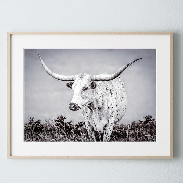 Debra Gail Fine Art Natural Wood Framed Print / 10x8 Boho Western Decor Art - Longhorn Canvas Print