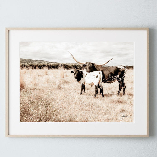 Debra Gail Fine Art Natural Wood Framed Print / 10x8 Longhorn Cow & Calf Nursery Decor