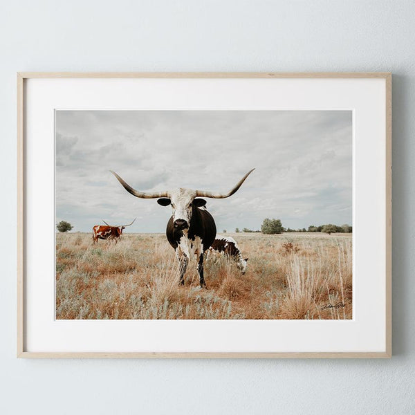 Debra Gail Fine Art Natural Wood Framed Print / 10x8 Texas Longhorn Cow with Her Calf - Farmhouse Art