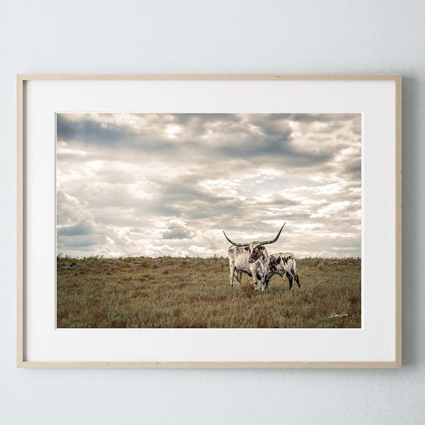 Debra Gail Fine Art Natural Wood Framed Print / 10x8 Texas Longhorns Under Dramatic Sky | Western Rustic Fine Art Photography