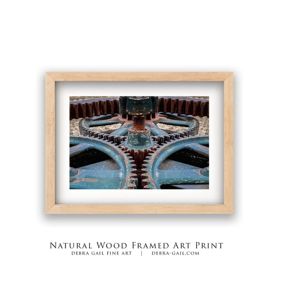 Debra Gail Fine Art Natural Wood Framed Print / 10x8 VINTAGE GEARS - TEAL INDUSTRIAL WALL ART