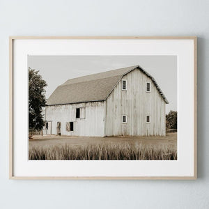 White barn wall art – rustic Kansas prairie farmhouse photography print by Debra Gail Fine Art