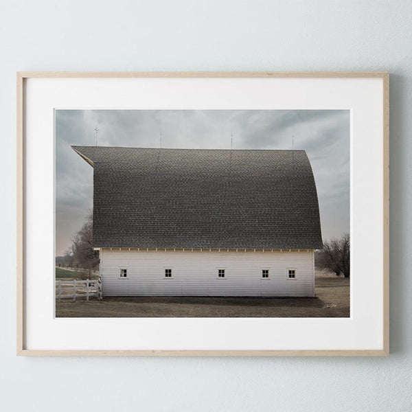 Debra Gail Fine Art Natural Wood Framed Print / 10x8 WHITE BARN WITH A GAMBREL ROOF - FARMHOUSE DECOR