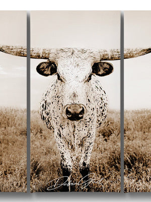 Longhorn cow split canvas wall art – XL rustic Western triptych cattle ranch decor