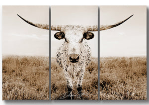 Longhorn cow split canvas wall art – XL rustic Western triptych cattle ranch decor