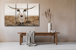 Longhorn cow split canvas wall art – XL rustic Western triptych cattle ranch decor