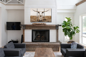 Longhorn cow split canvas wall art – XL rustic Western triptych cattle ranch decor