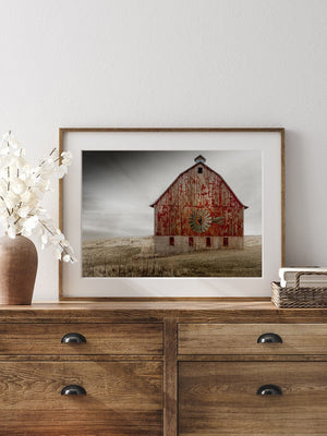 Old barn and windmill wall art canvas print – rustic Kansas prairie
