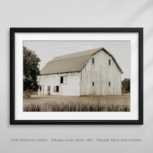 White barn wall art – rustic Kansas prairie farmhouse photography print by Debra Gail Fine Art