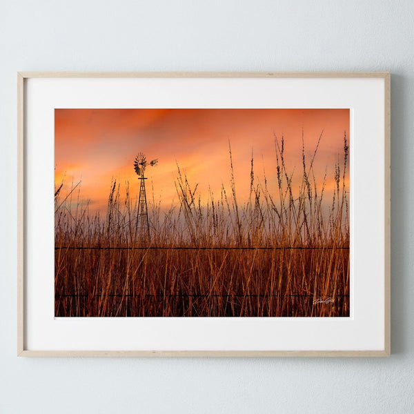 Debra Gail Fine Art Photo Print / 10x8 Windmill in the Tallgrass Prairie Sunset | Serene Kansas Landscape Art