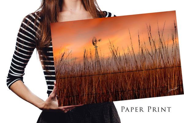 Debra Gail Fine Art Photo Print / 10x8 Windmill in the Tallgrass Prairie Sunset | Serene Kansas Landscape Art