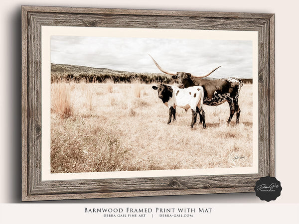 Debra Gail Fine Art Reclaimed Barnwood Framed Print / 10x8 Longhorn Cow & Calf Nursery Decor