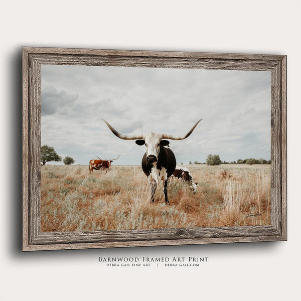 Debra Gail Fine Art Reclaimed Barnwood Framed Print / 10x8 Texas Longhorn Cow with Her Calf - Farmhouse Art