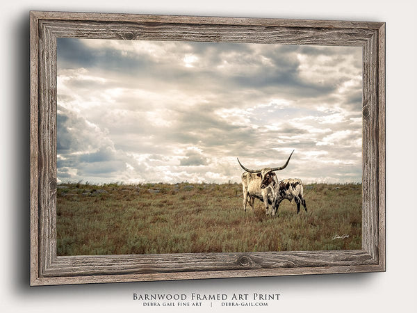 Debra Gail Fine Art Reclaimed Barnwood Framed Print / 10x8 Texas Longhorns Under Dramatic Sky | Western Rustic Fine Art Photography