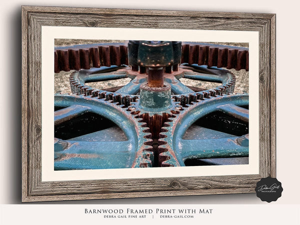 Debra Gail Fine Art Reclaimed Barnwood Framed Print / 10x8 VINTAGE GEARS - TEAL INDUSTRIAL WALL ART