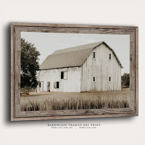 White barn wall art – rustic Kansas prairie farmhouse photography print by Debra Gail Fine Art