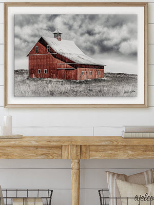 Red barn wall art canvas print – rustic Kansas prairie farmhouse photography print