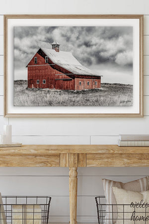 Red barn wall art canvas print – rustic Kansas prairie farmhouse photography print