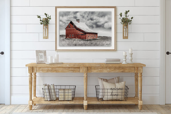 Debra Gail Fine Art Red Barn Winter Landscape | Rustic Farmhouse Decor