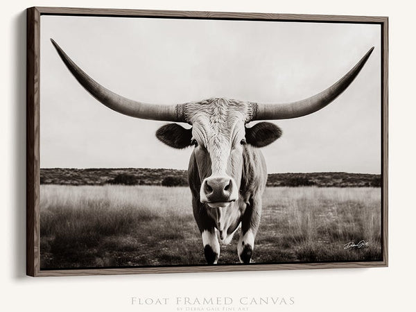 Debra Gail Fine Art Walnut Framed Canvas / 10x8 Large Texas Longhorn Sepia Canvas Print