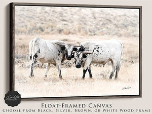 Debra Gail Fine Art Walnut Framed Canvas / 10x8 Longhorn Canvas Wall Art in Neutral Farmhouse Colors