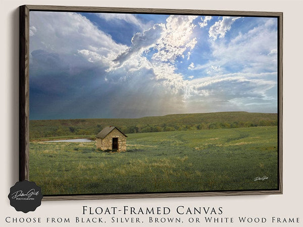 Debra Gail Fine Art Walnut Framed Canvas / 10x8 SUNBEAMS OVER THE PRAIRIE - KANSAS LANDSCAPE PRINT