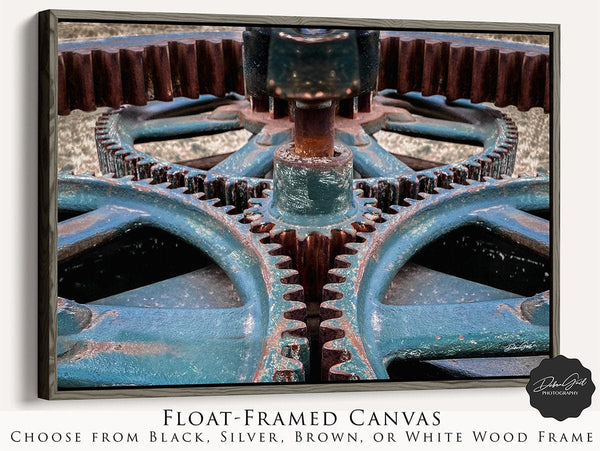 Debra Gail Fine Art Walnut Framed Canvas / 10x8 VINTAGE GEARS - TEAL INDUSTRIAL WALL ART