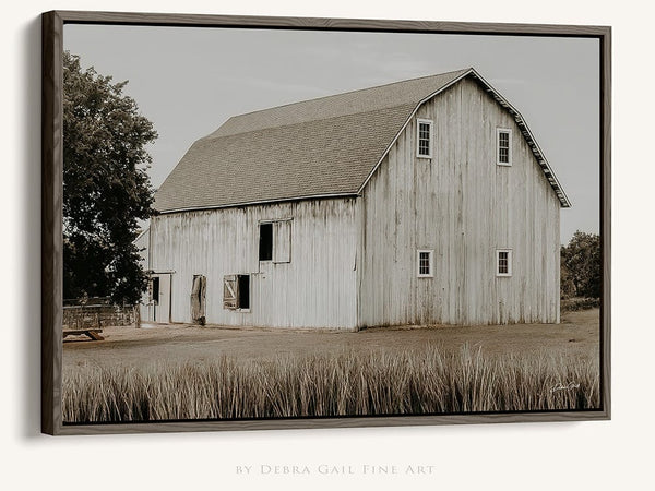 Debra Gail Fine Art Walnut Framed Canvas / 10x8 White Barn Fall Farmhouse Landscape Print No. 0538