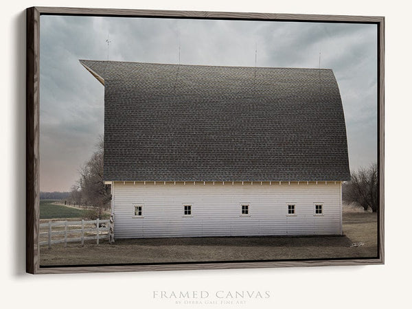 Debra Gail Fine Art Walnut Framed Canvas / 10x8 WHITE BARN WITH A GAMBREL ROOF - FARMHOUSE DECOR