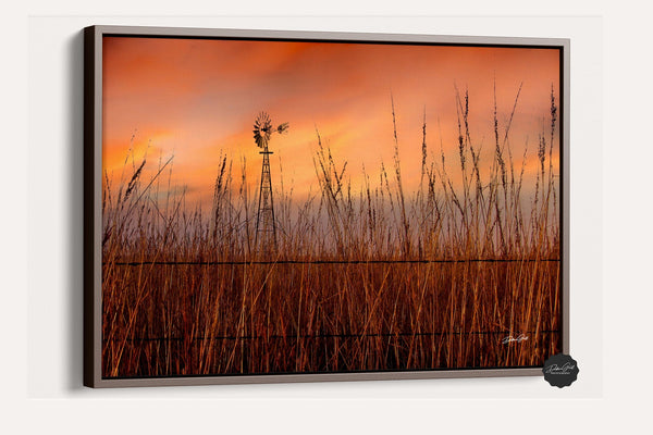 Debra Gail Fine Art Walnut Framed Canvas / 10x8 Windmill in the Tallgrass Prairie Sunset | Serene Kansas Landscape Art