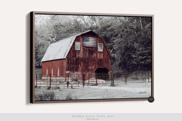 Debra Gail Fine Art Walnut Framed Canvas / 10x8 WINTER RED BARN LANDSCAPE WITH AMERICAN FLAG