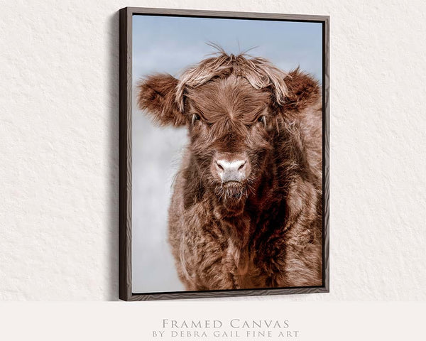 Debra Gail Fine Art Walnut Framed Canvas / 8x10 ADORABLE HIGHLAND COW CALF ART PRINT - FARMHOUSE DECOR