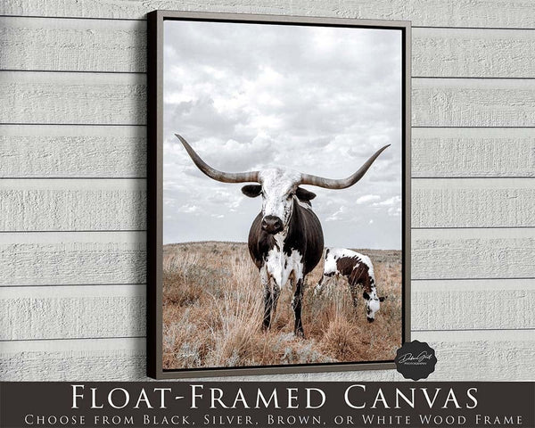 Debra Gail Fine Art Walnut Framed Canvas / 8x10 Western Home Wall Decor - Longhorn Cow and Calf Canvas