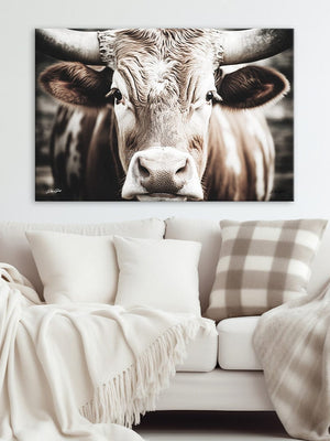 Longhorn cow wall decor canvas – rustic Western fine art print by Debra Gail Fine Art