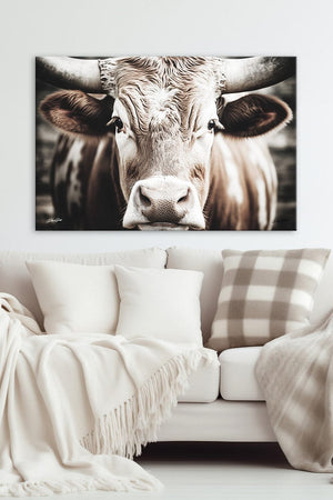 Longhorn cow wall decor canvas – rustic Western fine art print by Debra Gail Fine Art