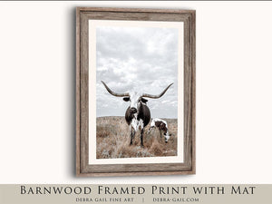 Texas Longhorn wall canvas barnwood framed Western fine art print by Debra Gail Fine Art