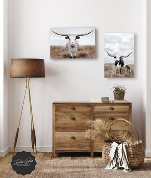 Texas Longhorn wall canvas barnwood framed Western fine art print by Debra Gail Fine Art