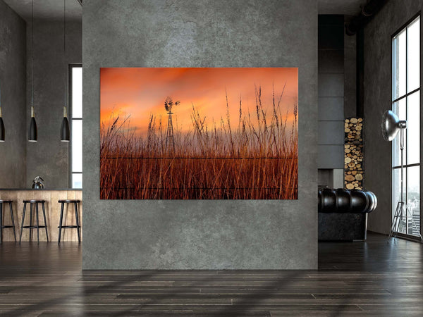 Debra Gail Fine Art Windmill in the Tallgrass Prairie Sunset | Serene Kansas Landscape Art