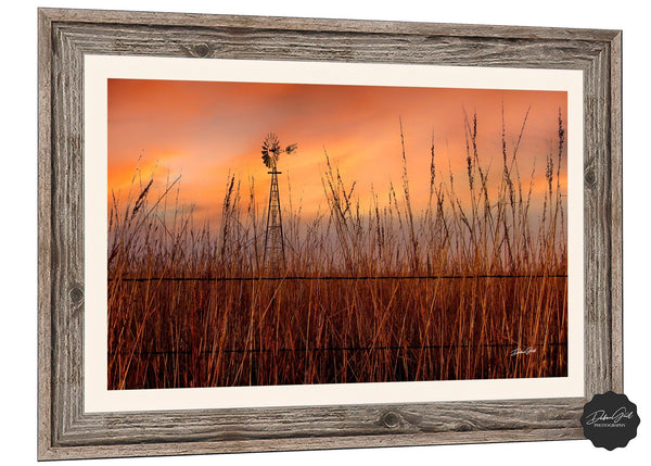 Debra Gail Fine Art Windmill in the Tallgrass Prairie Sunset | Serene Kansas Landscape Art