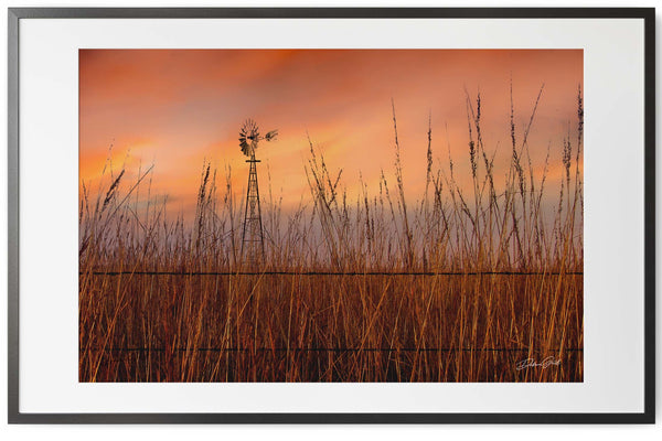 Debra Gail Fine Art Windmill in the Tallgrass Prairie Sunset | Serene Kansas Landscape Art