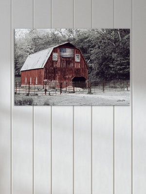 Red barn wall art canvas print – rustic Kansas prairie farmhouse photography print