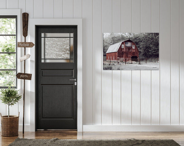 Debra Gail Fine Art WINTER RED BARN LANDSCAPE WITH AMERICAN FLAG